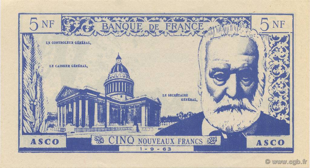 5 Nouveaux Francs Victor Hugo Scolaire FRANCE Regionalismus und verschiedenen  1963  fST+