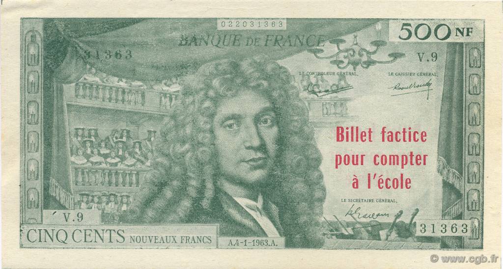 500 Nouveaux Francs Molière Scolaire FRANCE regionalism and various  1963  UNC-