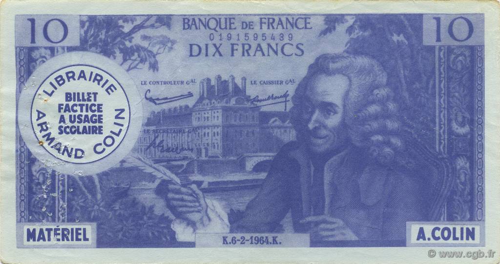 10 Francs Voltaire Scolaire FRANCE regionalism and various  1964  VF