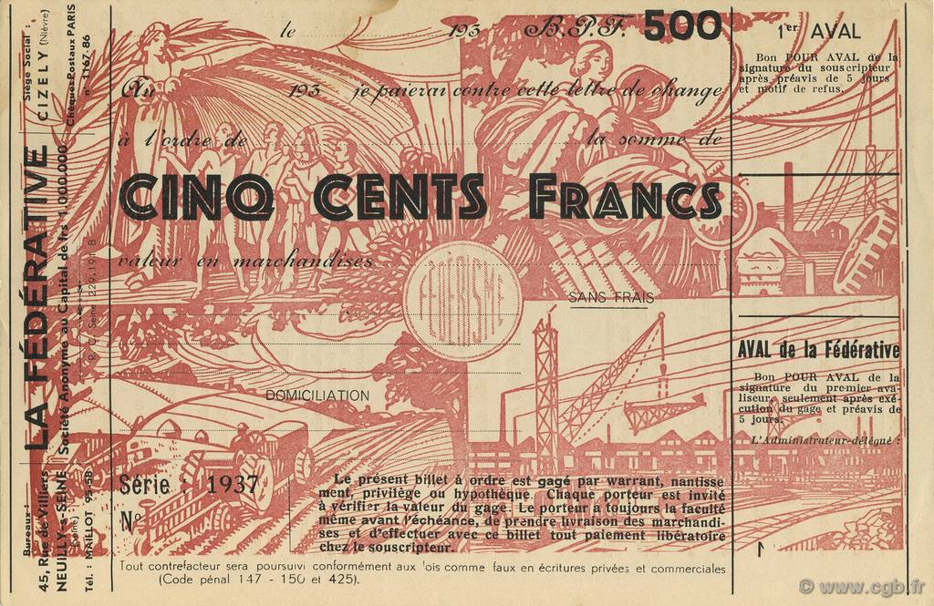 500 Francs FRANCE regionalism and various  1937  XF
