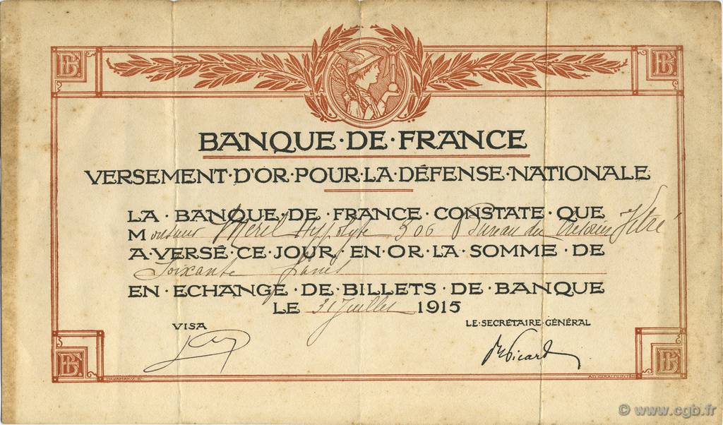 60 Francs FRANCE regionalism and miscellaneous  1915  VF+