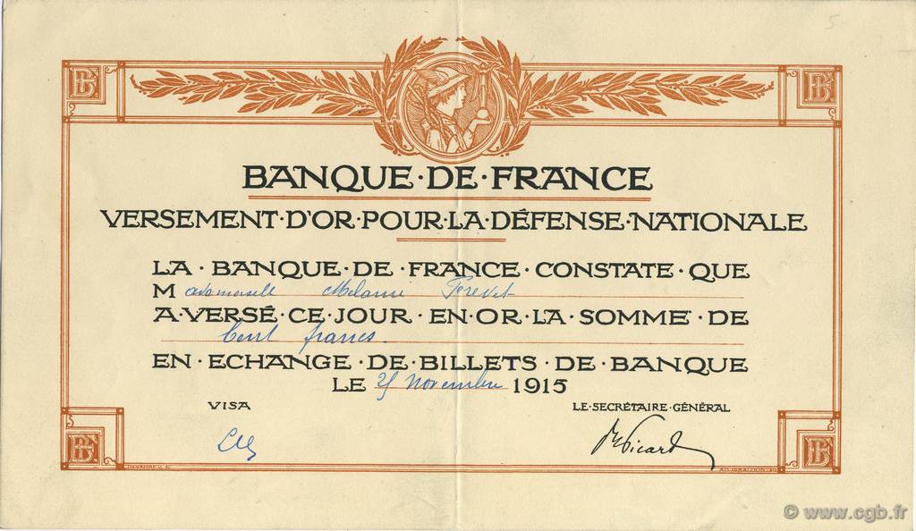 100 Francs FRANCE Regionalismus und verschiedenen  1915  VZ+