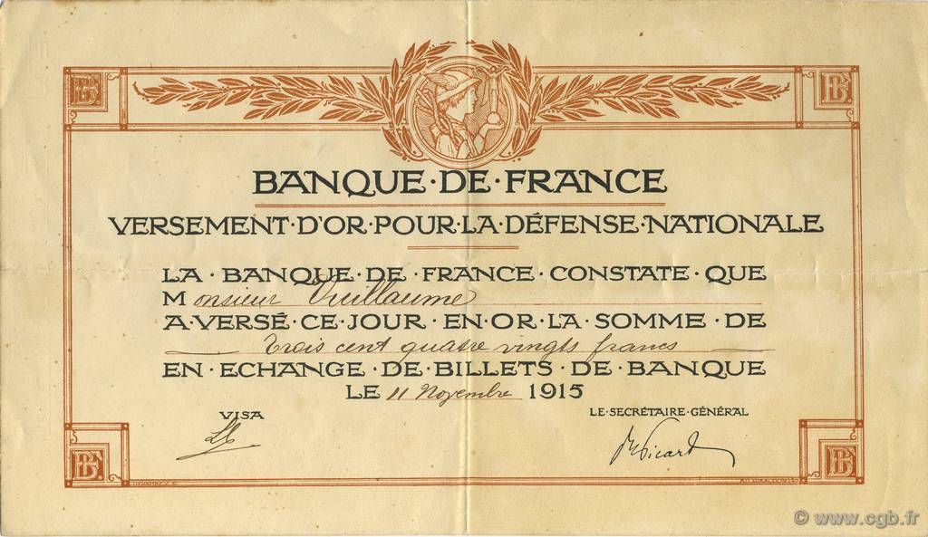 380 Francs FRANCE régionalisme et divers  1915  TTB+