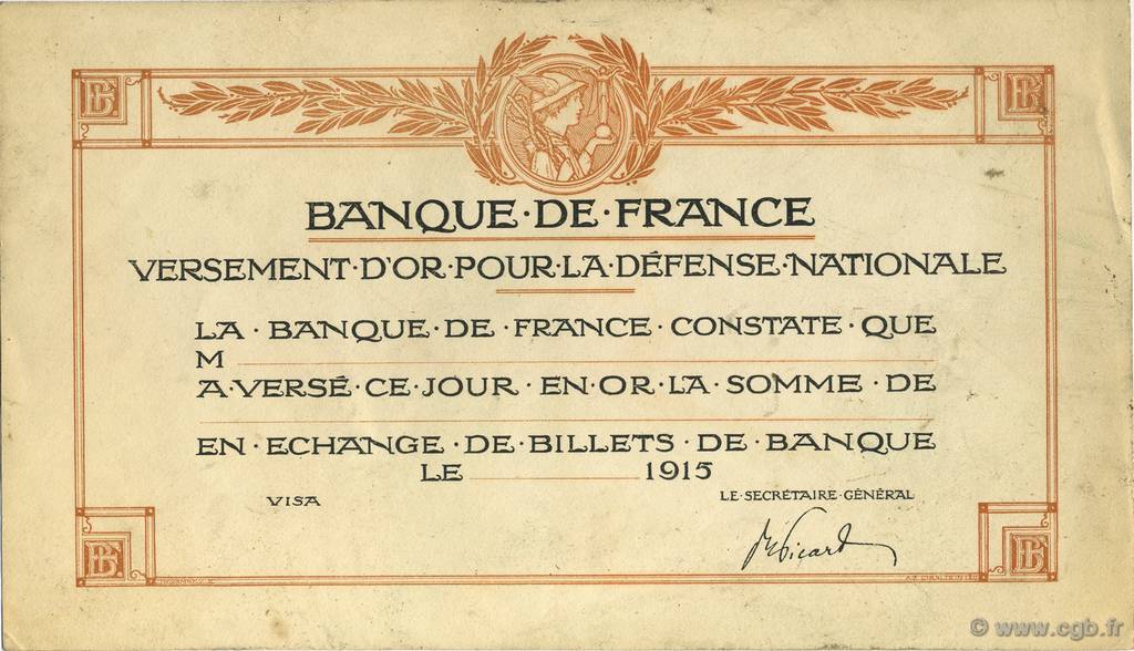 (1 Franc) Non émis FRANCE regionalism and miscellaneous  1915  XF+
