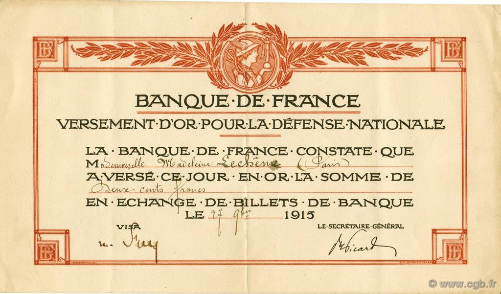 200 Francs FRANCE regionalismo e varie  1915  SPL