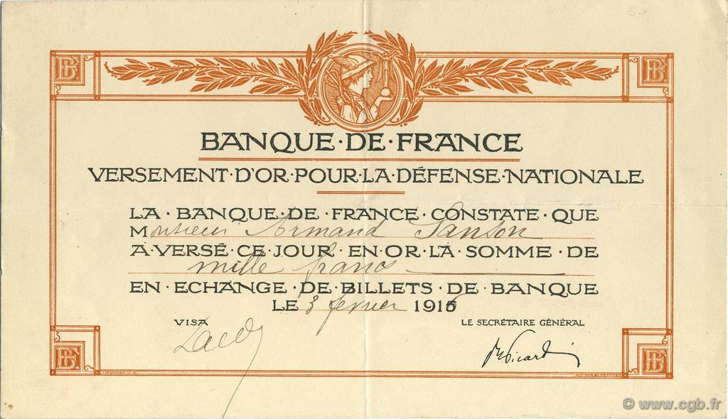 1000 Francs FRANCE regionalismo e varie  1916  SPL