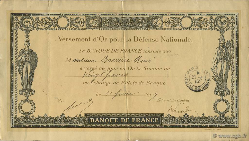 20 Francs FRANCE regionalism and miscellaneous  1917  VF