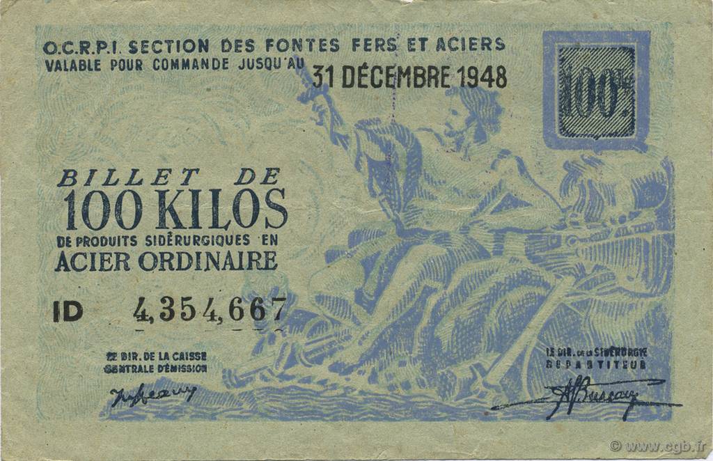 MONNAIE MATIERE / Billet SIDERURGIE 10 Kg TOLE MINCE en 1949