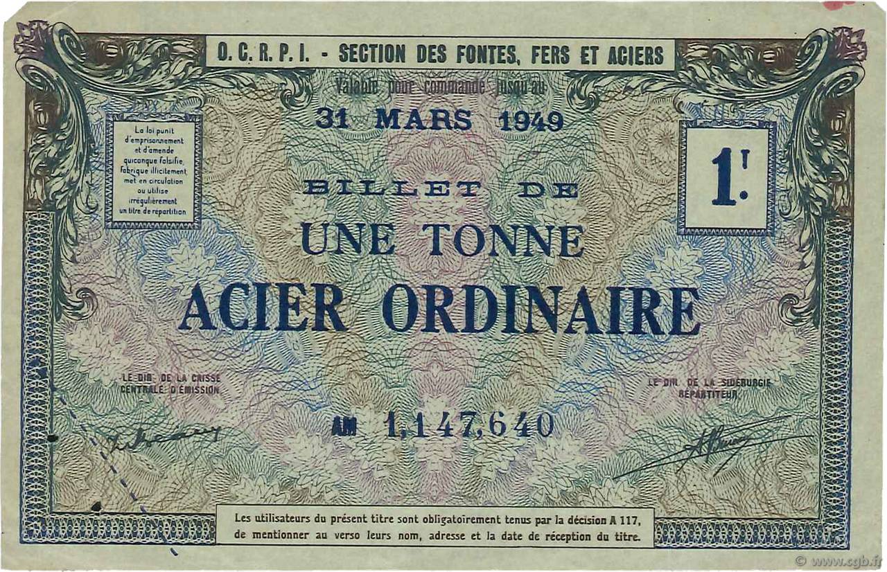 1 Tonne FRANCE regionalism and miscellaneous  1940  XF