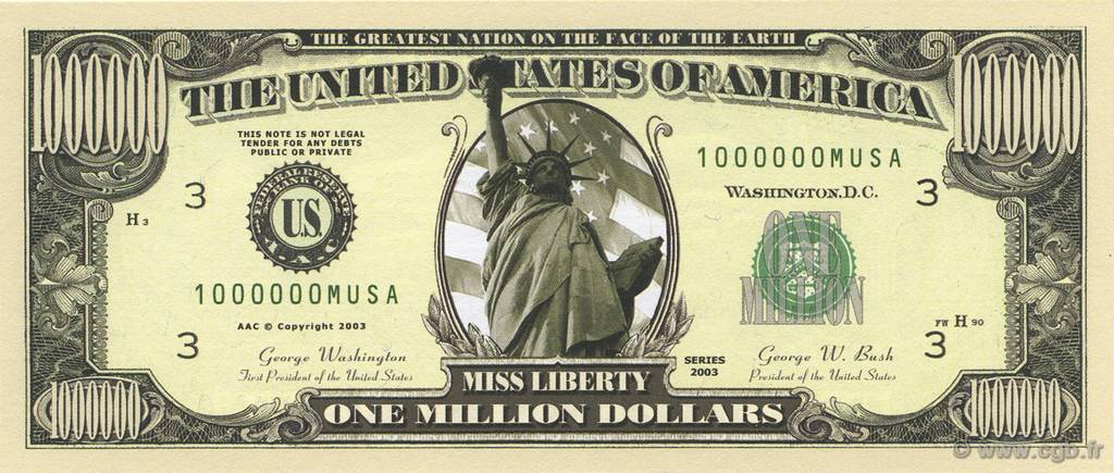 1000000 Dollars États Unis DamÉrique 2003 B501240 Billets
