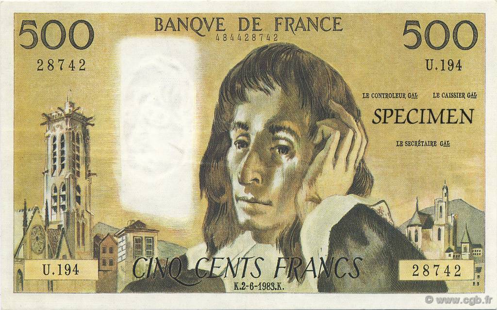 500 Francs Pascal FRANCE Regionalismus und verschiedenen  1983  ST