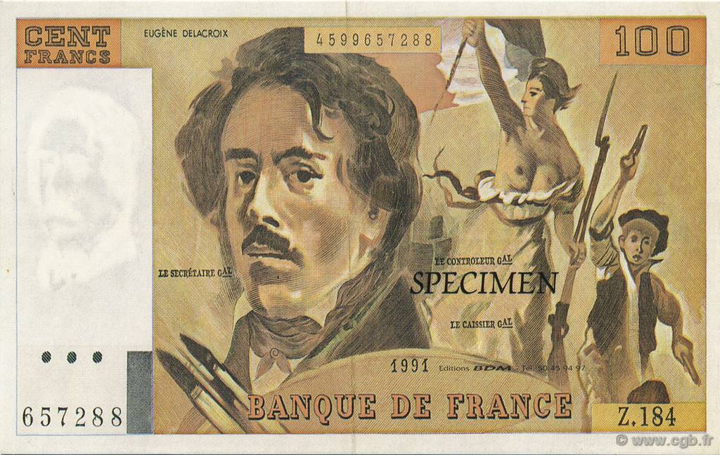 100 Francs Delacroix FRANCE regionalism and various  1991  UNC