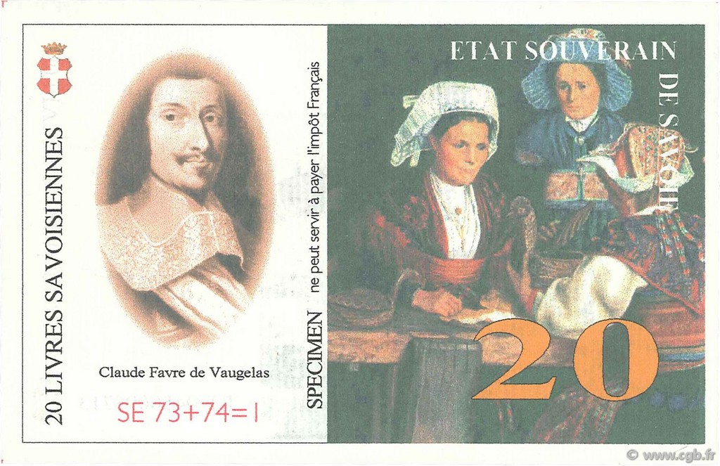 20 Livres Savoisiennes Spécimen FRANCE regionalism and various  1998  UNC