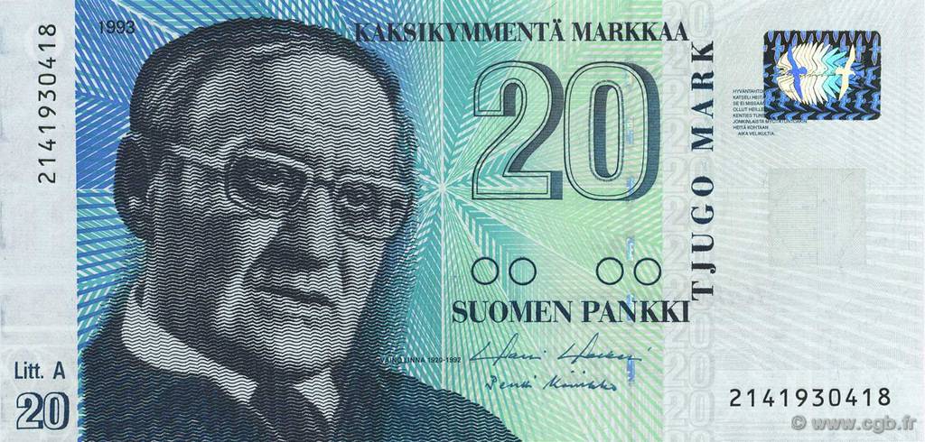 20 Markkaa FINLAND  1993 P.122 UNC-