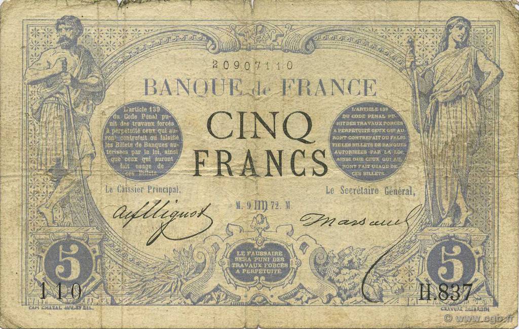 5 Francs NOIR FRANCE  1872 F.01.09 B+