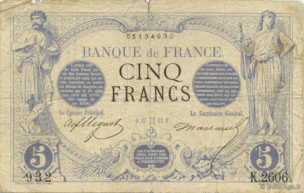 5 Francs NOIR FRANCIA  1873 F.01.18 RC+