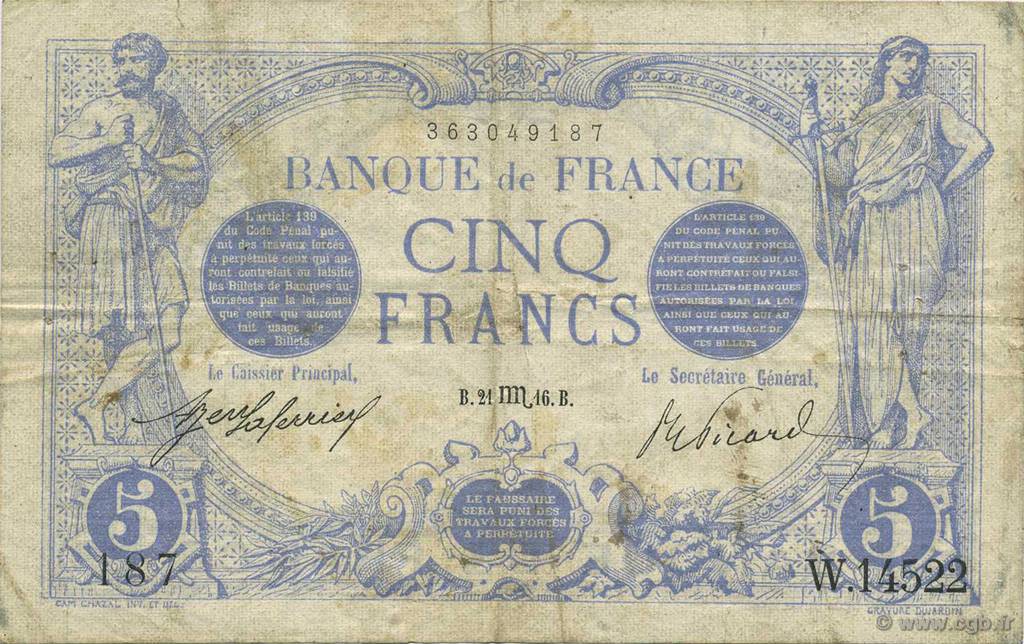 5 Francs BLEU FRANCE  1916 F.02.44 F+