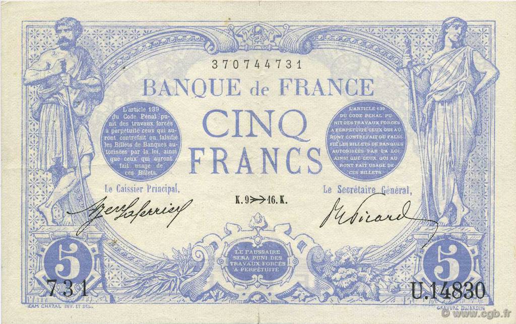 5 Francs BLEU FRANKREICH  1916 F.02.45 VZ