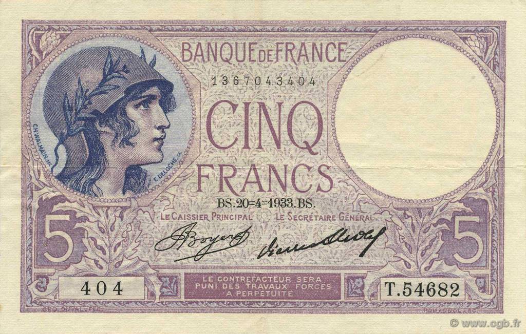 5 Francs FEMME CASQUÉE FRANCE  1933 F.03.17 TTB à SUP