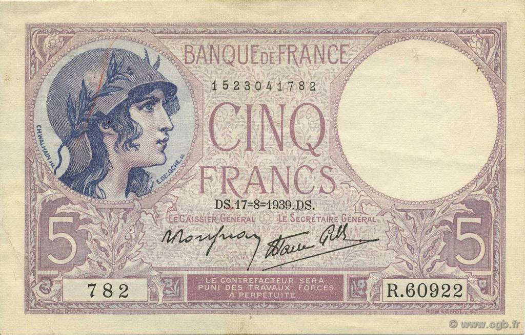 5 Francs FEMME CASQUÉE modifié FRANKREICH  1939 F.04.06 fVZ