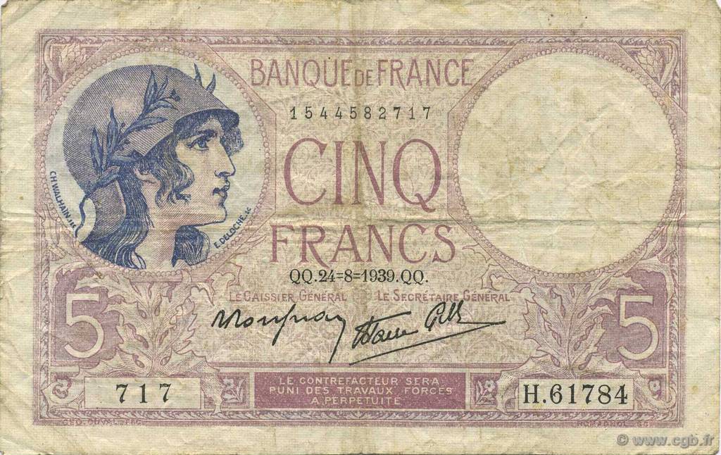 5 Francs FEMME CASQUÉE modifié FRANCE  1939 F.04.07 pr.TB