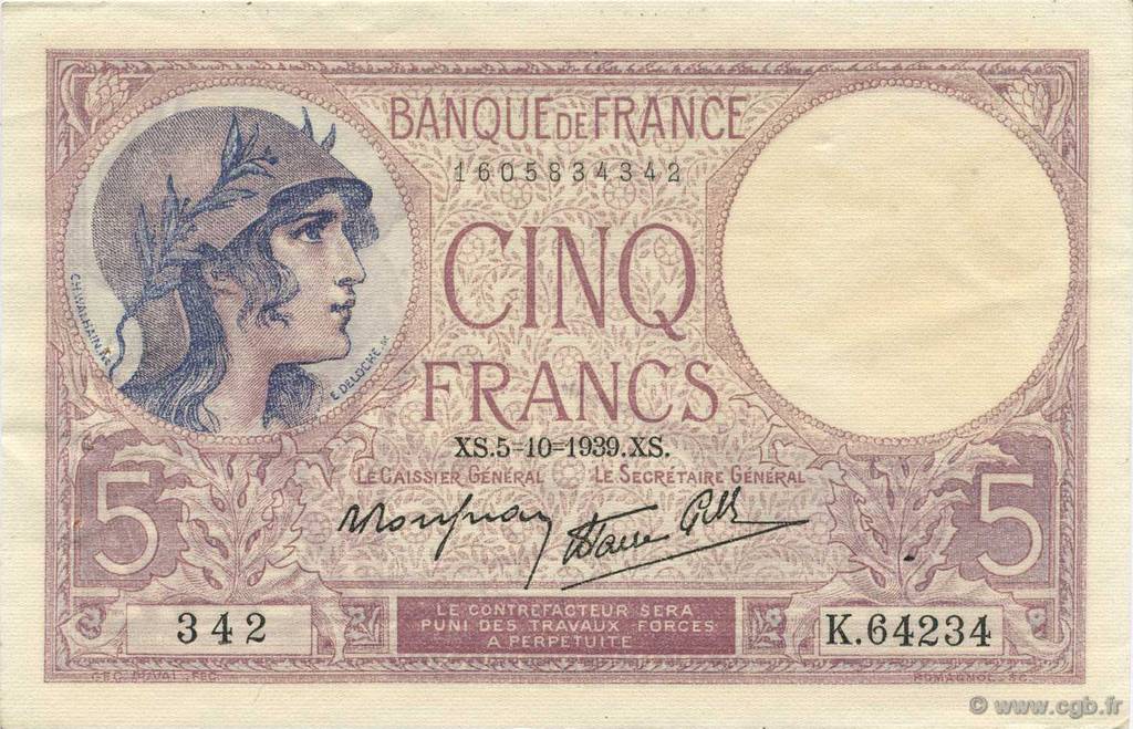 5 Francs FEMME CASQUÉE modifié FRANCIA  1939 F.04.11 AU