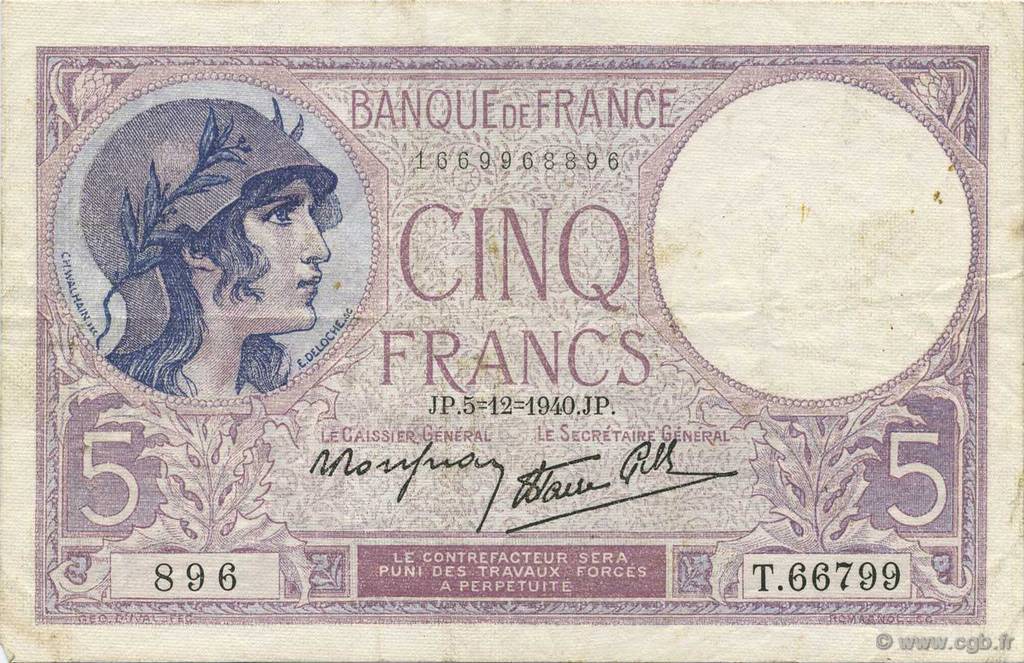 5 Francs FEMME CASQUÉE modifié FRANCE  1940 F.04.16 TTB