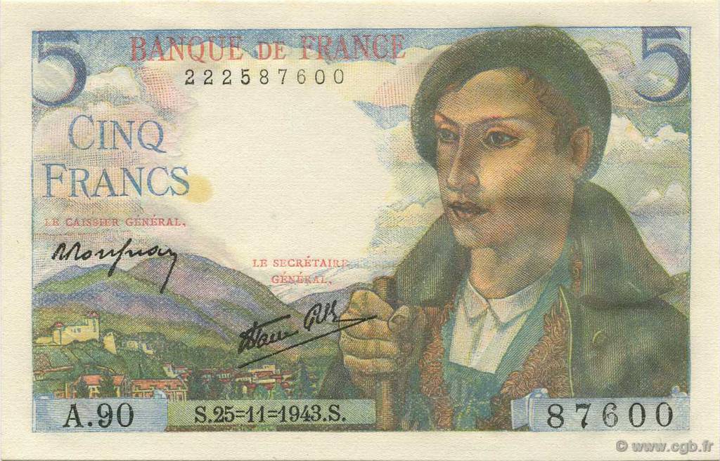5 Francs BERGER FRANCE  1943 F.05.04 AU+