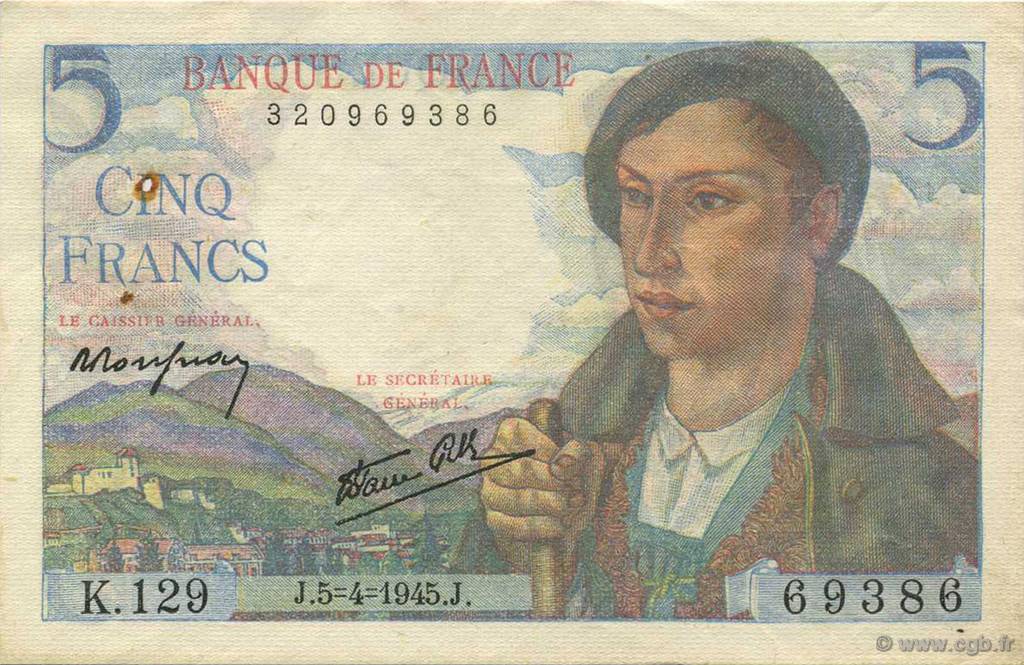 5 Francs BERGER FRANCE  1945 F.05.06 XF-