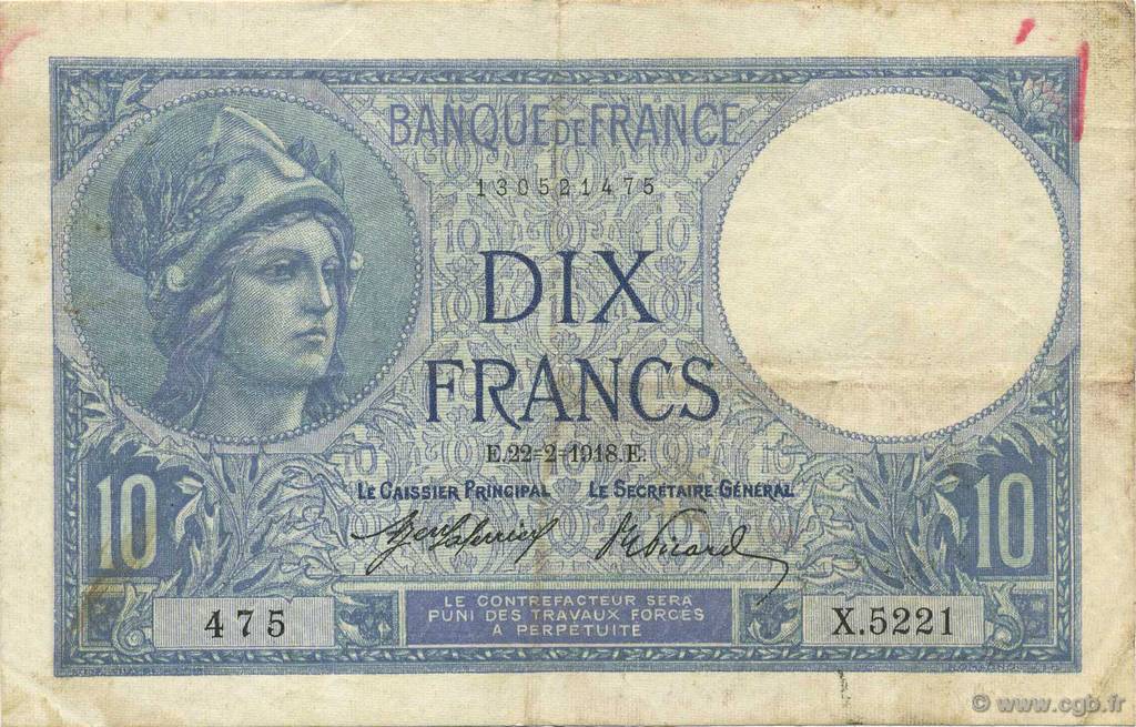 10 Francs MINERVE FRANCE  1918 F.06.03 pr.TTB