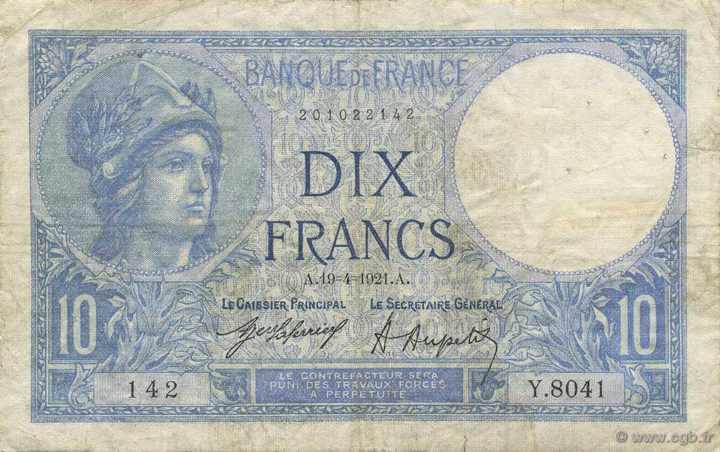 10 Francs MINERVE FRANCIA  1921 F.06.05 BC