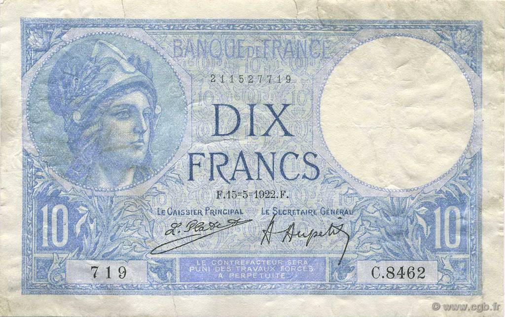 10 Francs MINERVE FRANCIA  1922 F.06.06 MB