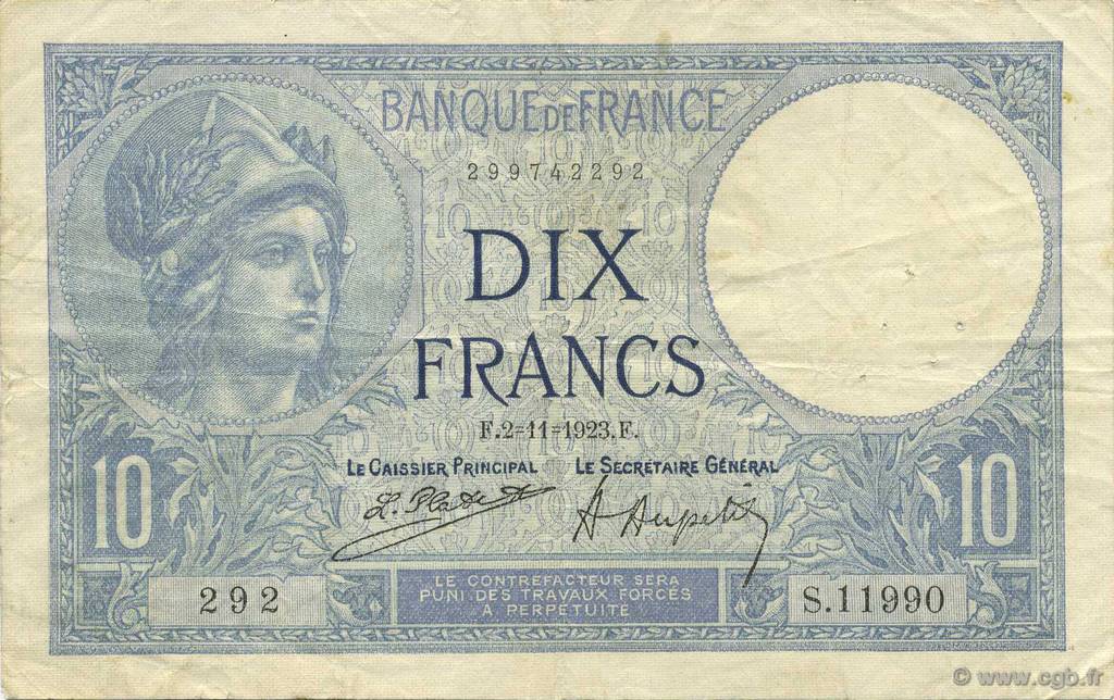 10 Francs MINERVE FRANCE  1923 F.06.07 VF