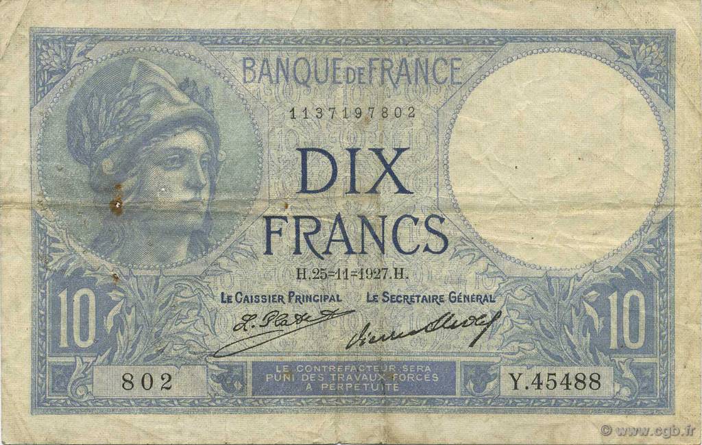 10 Francs MINERVE FRANCIA  1927 F.06.12 MB