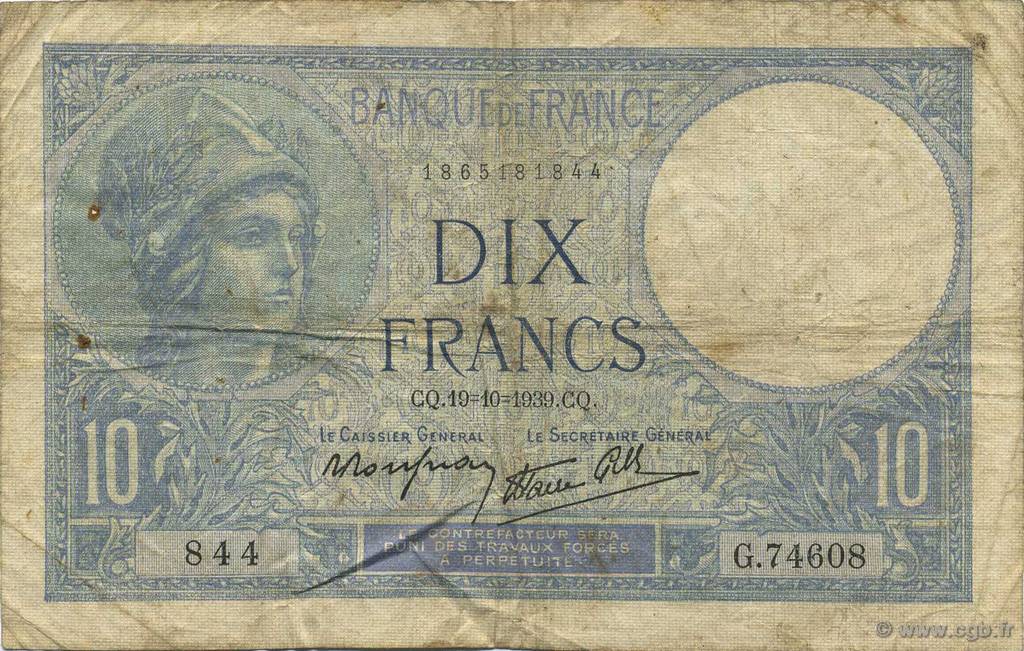 10 Francs MINERVE modifié FRANCE  1939 F.07.12 pr.TB
