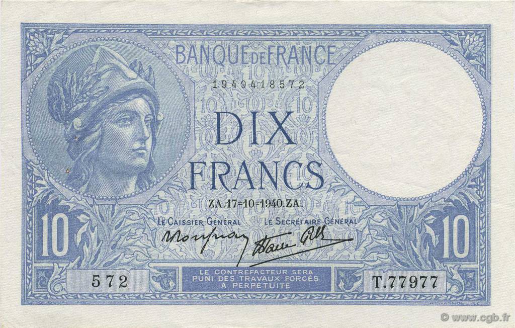 10 Francs MINERVE modifié FRANCIA  1940 F.07.17 SPL a AU