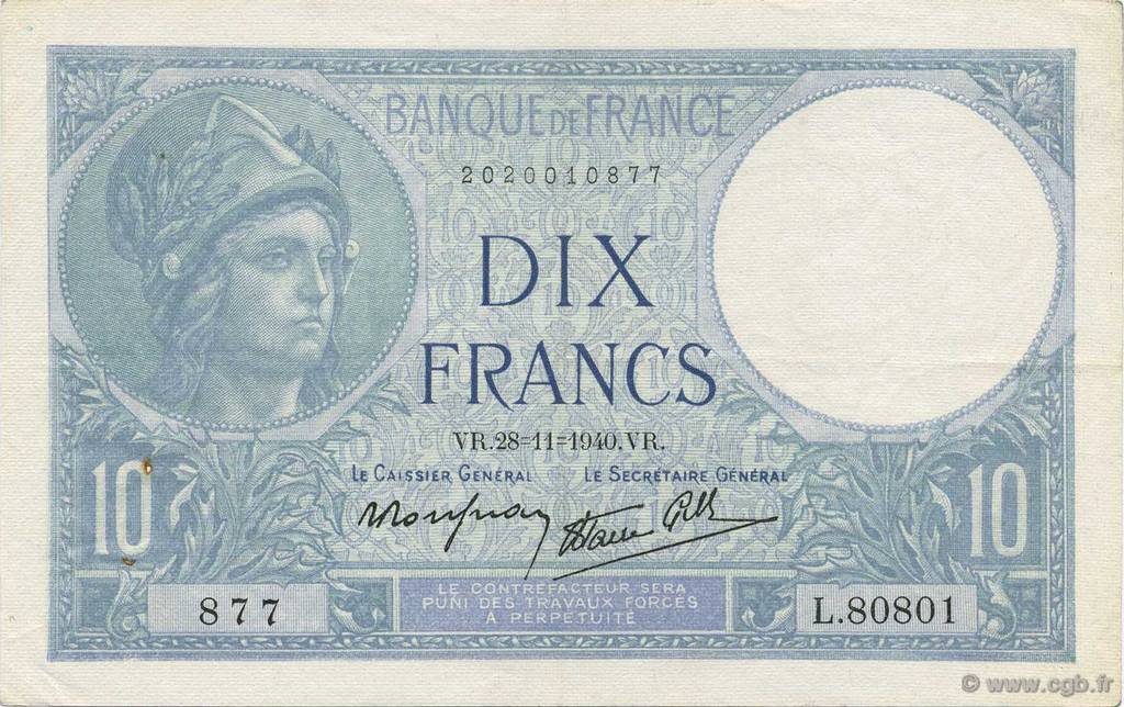 10 Francs MINERVE modifié FRANCIA  1940 F.07.22 EBC+