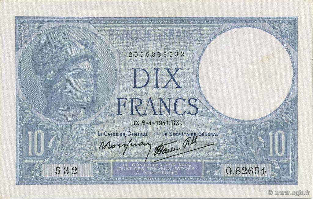 10 Francs MINERVE modifié FRANCE  1941 F.07.26 AU