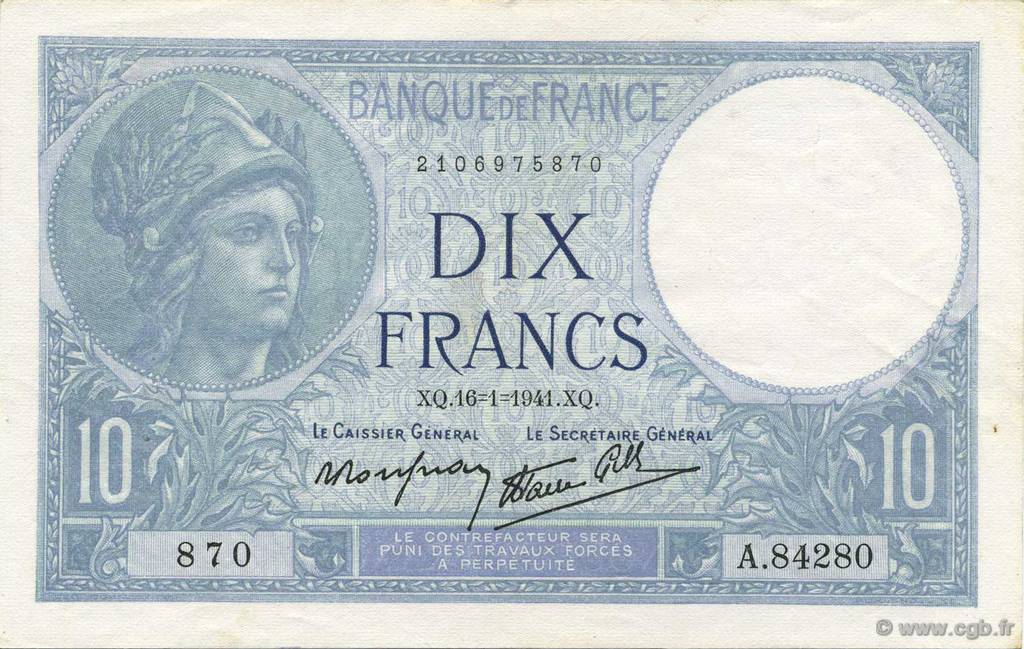 10 Francs MINERVE modifié FRANCE  1941 F.07.28 XF+