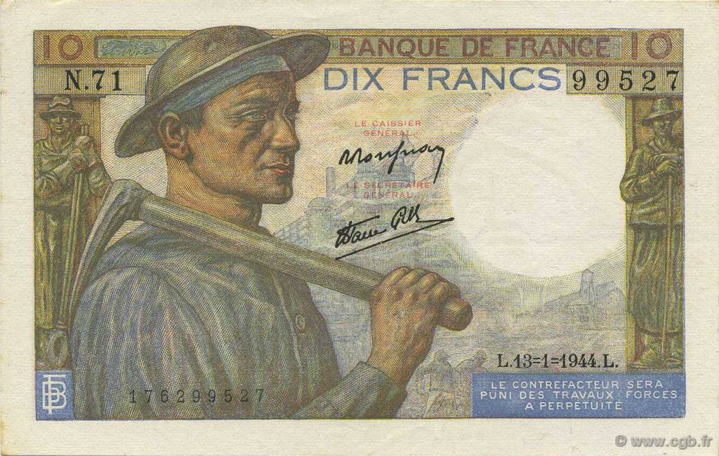 10 Francs MINEUR FRANCIA  1944 F.08.10 EBC+