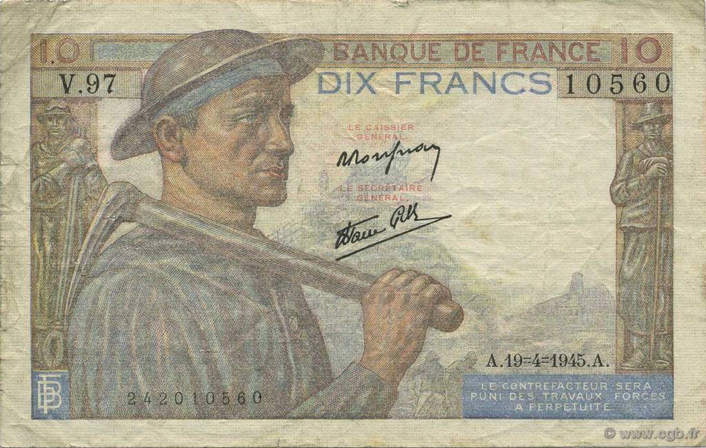 10 Francs MINEUR FRANCE  1945 F.08.13 TB