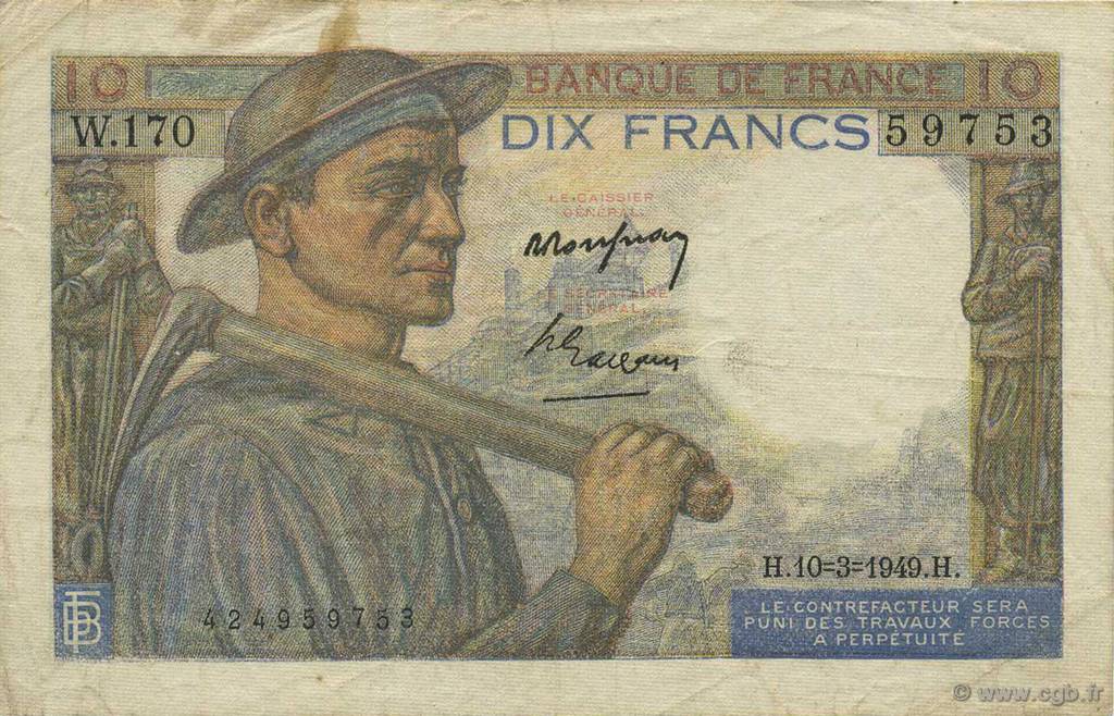 10 Francs MINEUR FRANCIA  1949 F.08.20 MBC