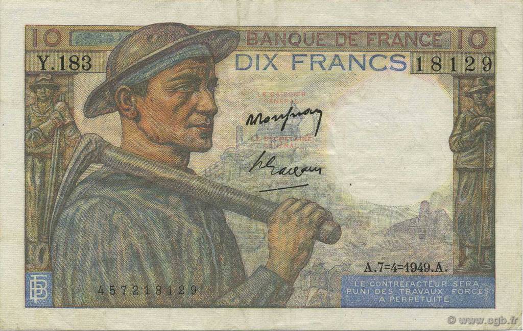 10 Francs MINEUR FRANCIA  1949 F.08.21 SPL