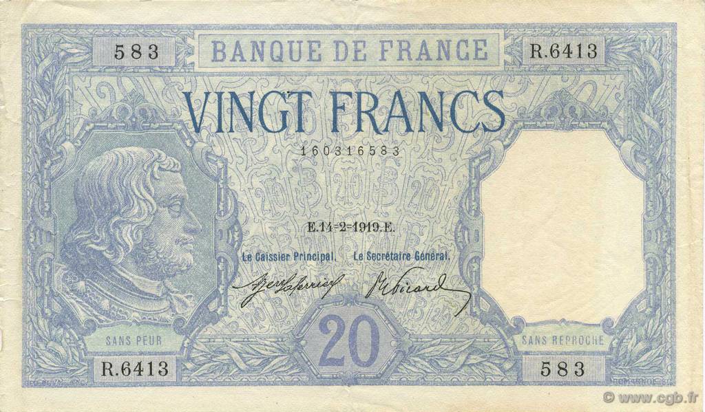 20 Francs BAYARD FRANCE  1919 F.11.04 XF-