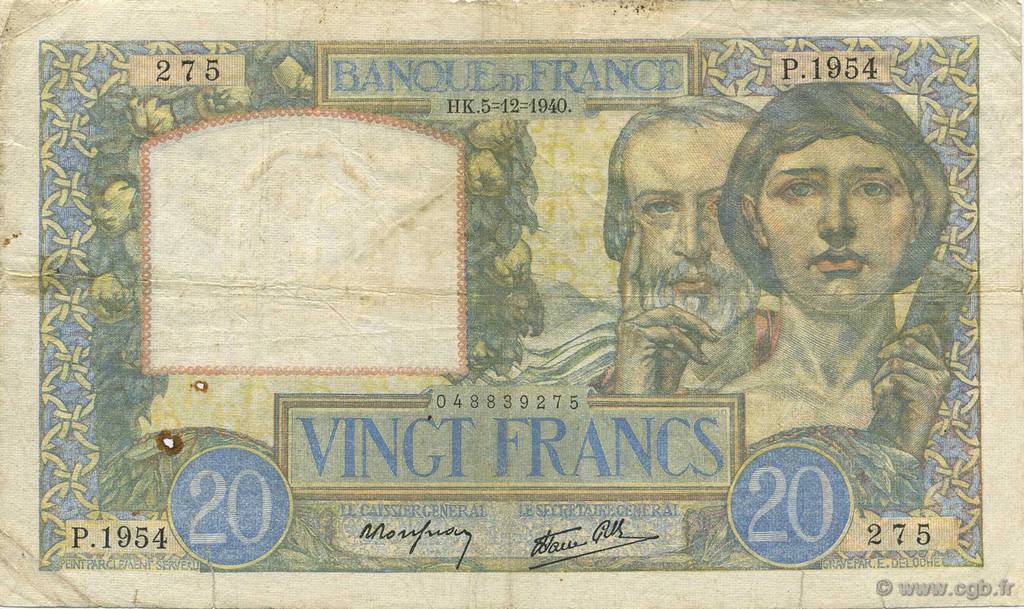 20 Francs TRAVAIL ET SCIENCE FRANCE  1940 F.12.10 F-