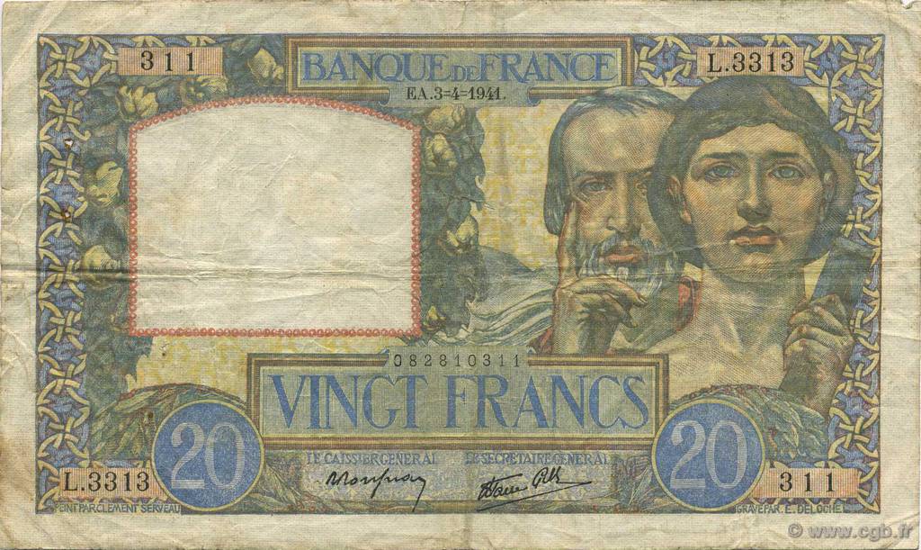 20 Francs TRAVAIL ET SCIENCE FRANCE  1941 F.12.13 F+