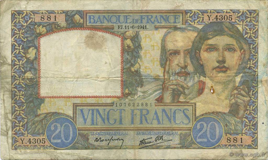20 Francs TRAVAIL ET SCIENCE FRANCIA  1941 F.12.15 BC
