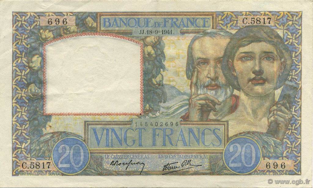 20 Francs TRAVAIL ET SCIENCE FRANKREICH  1941 F.12.18 VZ+