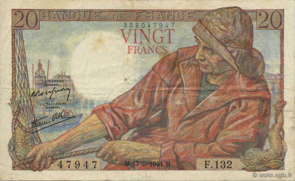 20 Francs PÊCHEUR FRANCIA  1944 F.13.09 MBC