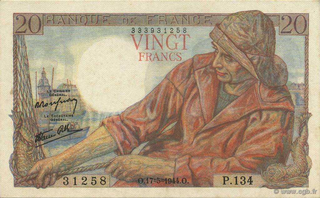 20 Francs PÊCHEUR FRANCE  1944 F.13.09 SPL